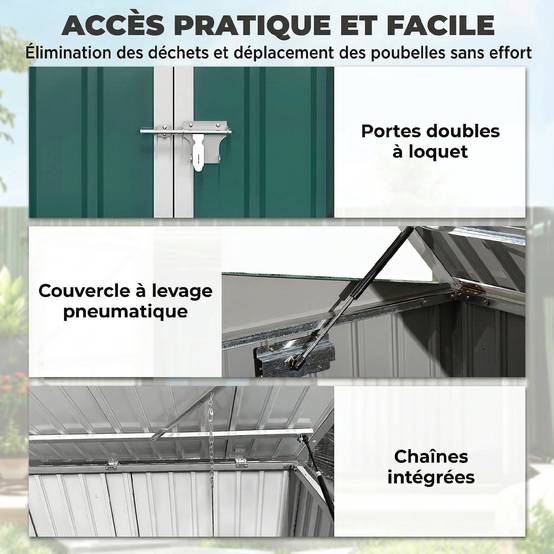 Cache Poubelle Extérieur en Acier Galvanisé pour 2 Poubelles, Double Porte, Couvercle Pneumatique, 180x108x130cm, Vert - Image 7