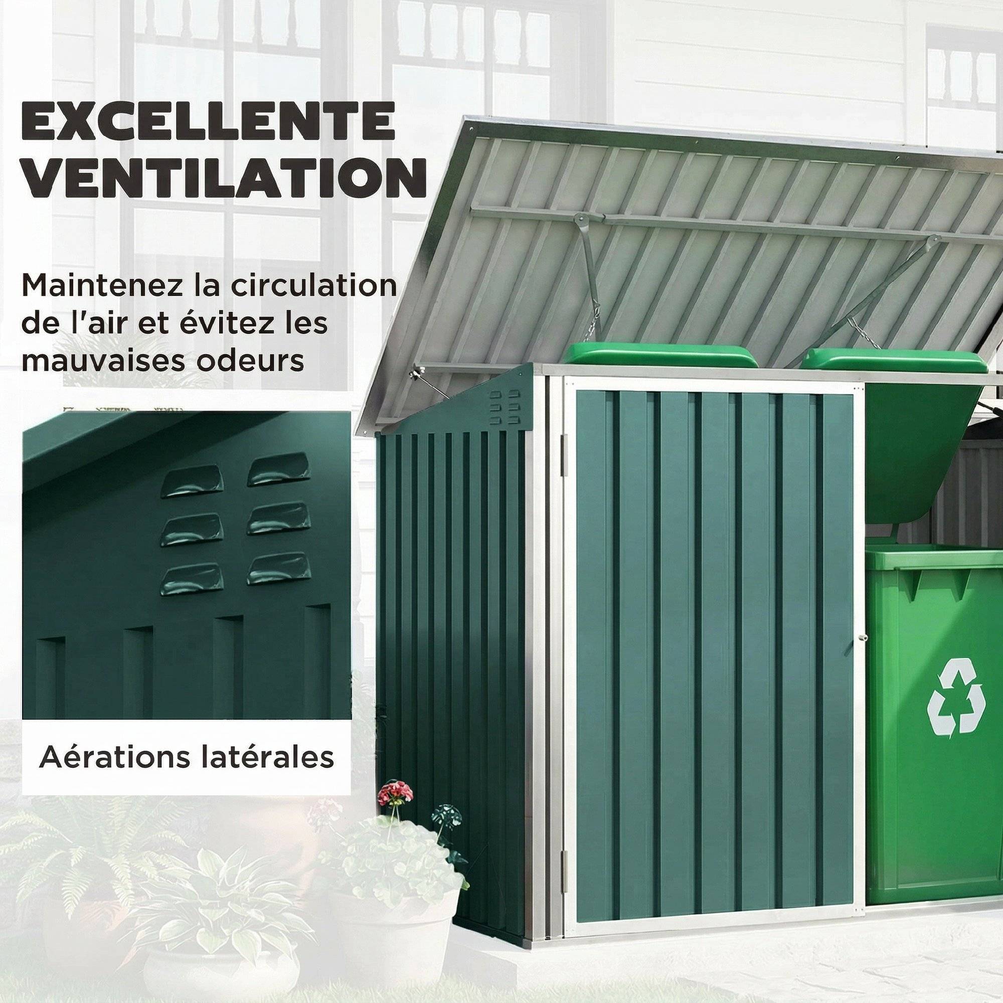 Cache Poubelle Extérieur en Acier Galvanisé pour 2 Poubelles, Double Porte, Couvercle Pneumatique, 180x108x130cm, Vert - Image 8