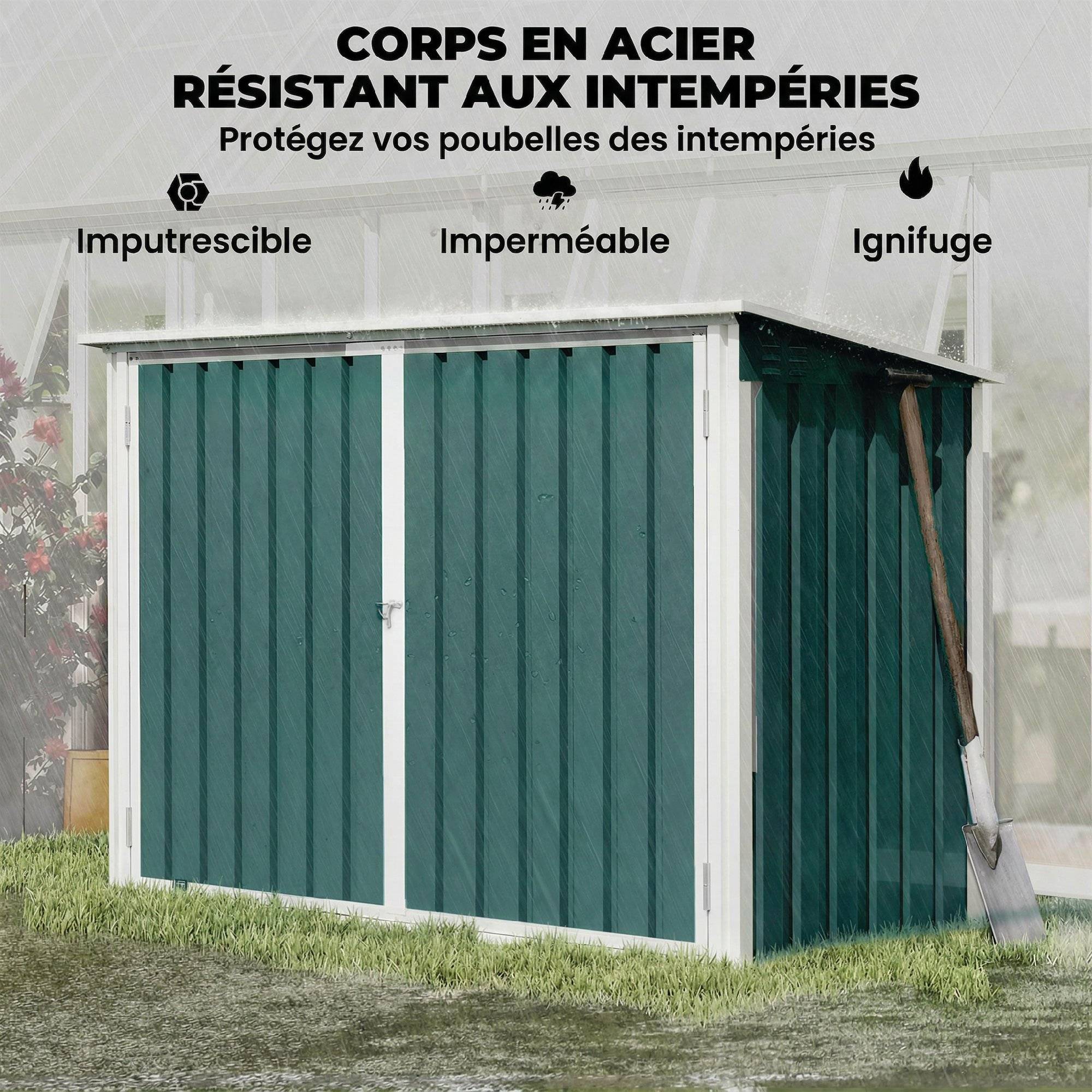 Cache Poubelle Extérieur en Acier Galvanisé pour 2 Poubelles, Double Porte, Couvercle Pneumatique, 180x108x130cm, Vert - Image 9
