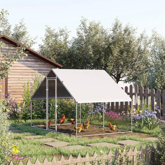 Poulailler de jardin pour 12 à 18 poules, structure galvanisée et bâche imperméable, 3 x 2 x 2 m, argent - Image 3