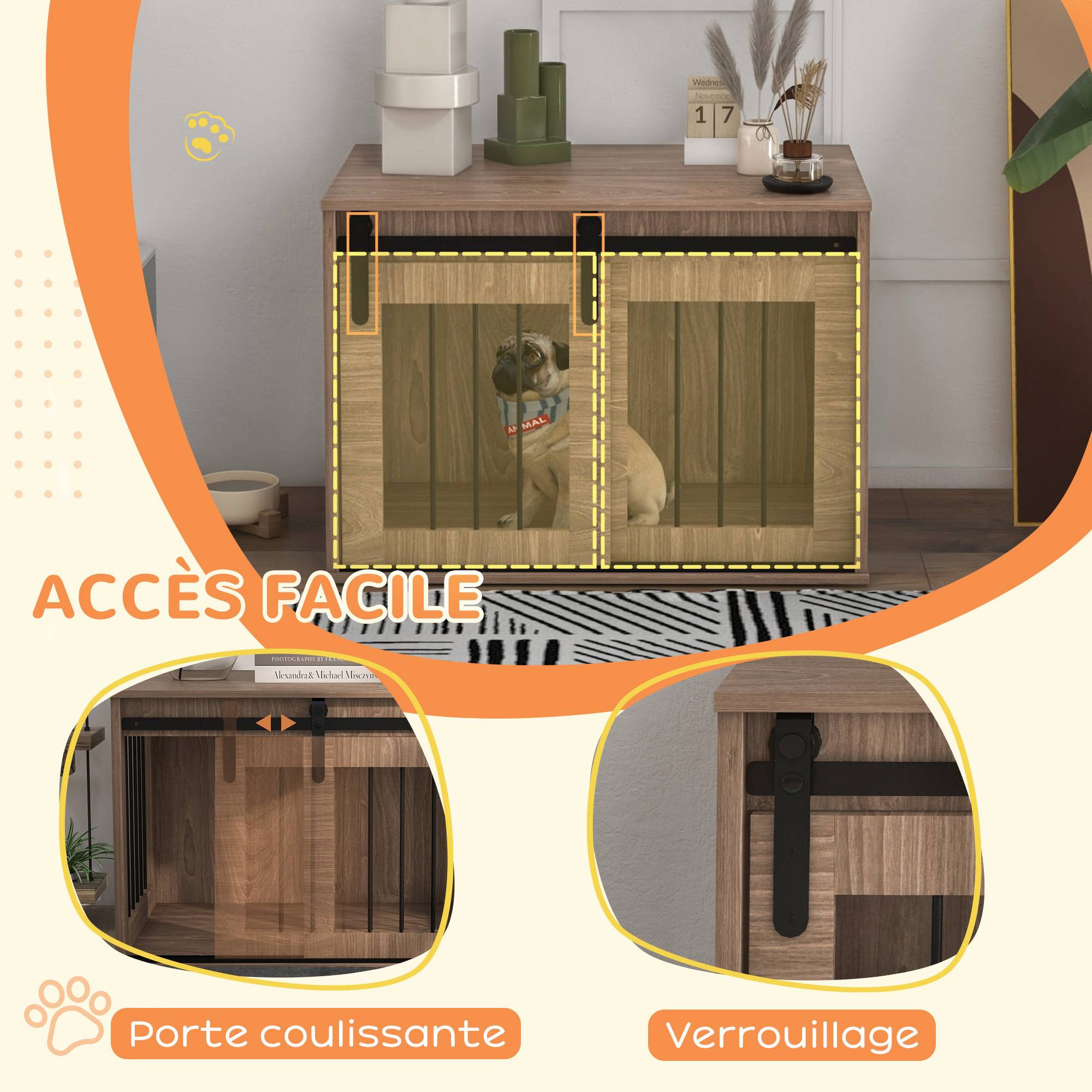 Caisse pour chien intérieur métal effet bois, porte coulissante, 80x54x57 cm - Image 8