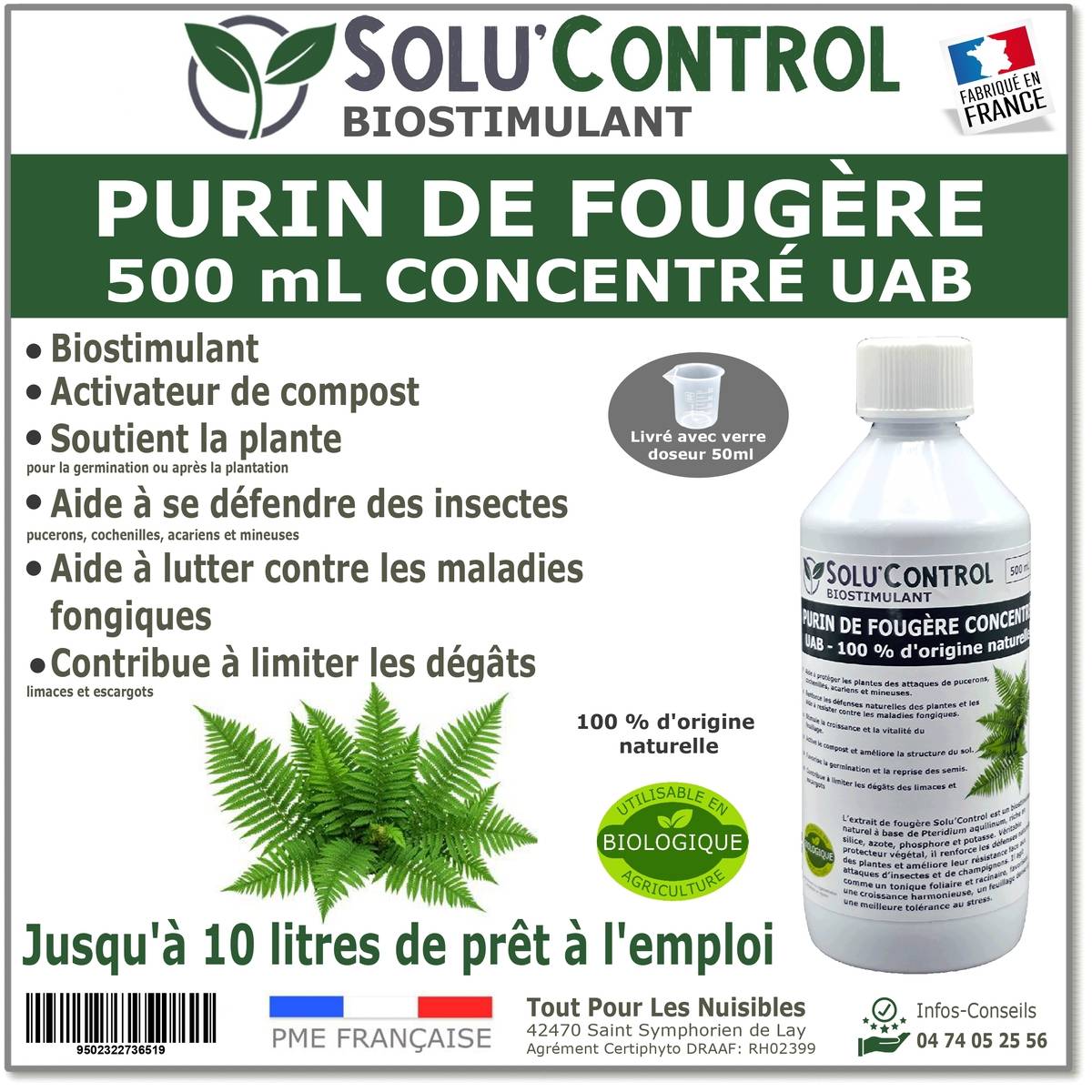 Tout pour les nuisibles - SOLU'CONTROL - Purin de Fougère – 500 ml Concentré – Biostimulant Naturel – Aide à Se Défendre des Insectes & Maladies Fongiques - Image 1