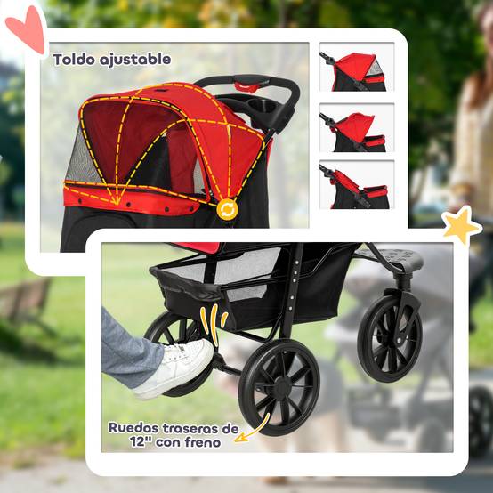 Poussette pour chien à 3 roues, fenêtres en filet, panier de rangement et sangles de sécurité, 109,5 x 57,5 x 106,5 cm, rouge - Image 9