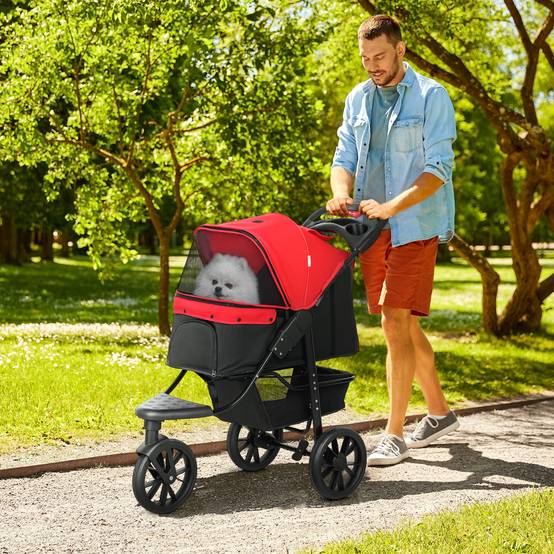 Poussette pour chien à 3 roues, fenêtres en filet, panier de rangement et sangles de sécurité, 109,5 x 57,5 x 106,5 cm, rouge - Image 3