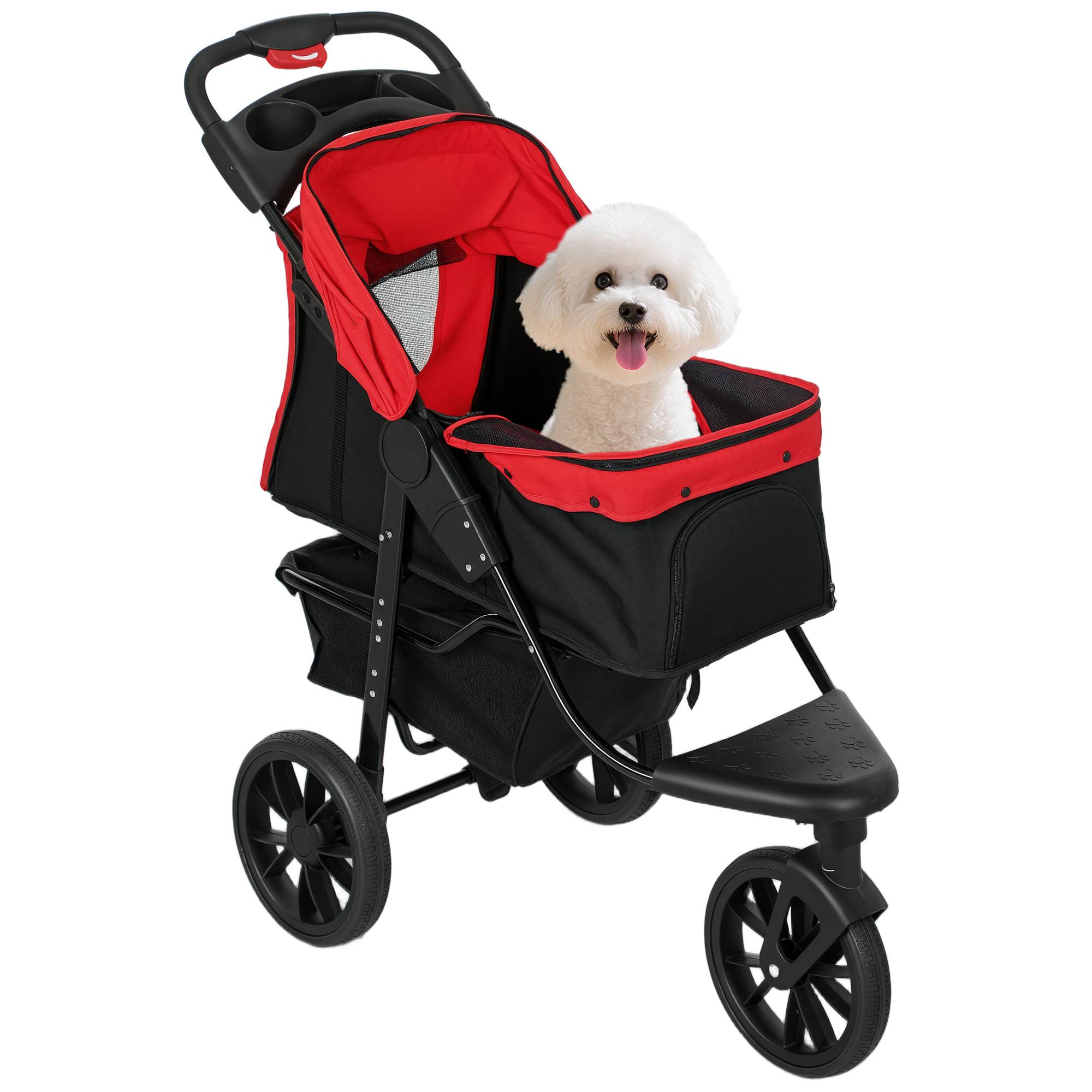Poussette pour chien à 3 roues, fenêtres en filet, panier de rangement et sangles de sécurité, 109,5 x 57,5 x 106,5 cm, rouge - Image 1