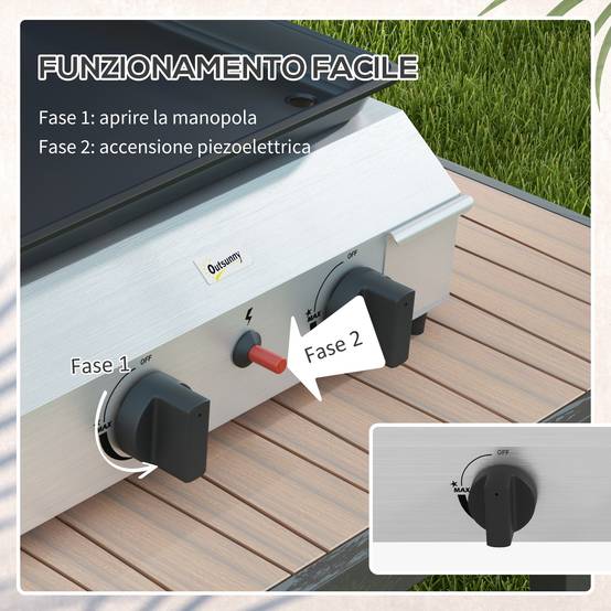 Plaque de cuisson à gaz pour barbecue, 2 brûleurs, revêtement antiadhésif, puissance 4,8 kW, argent - Image 7