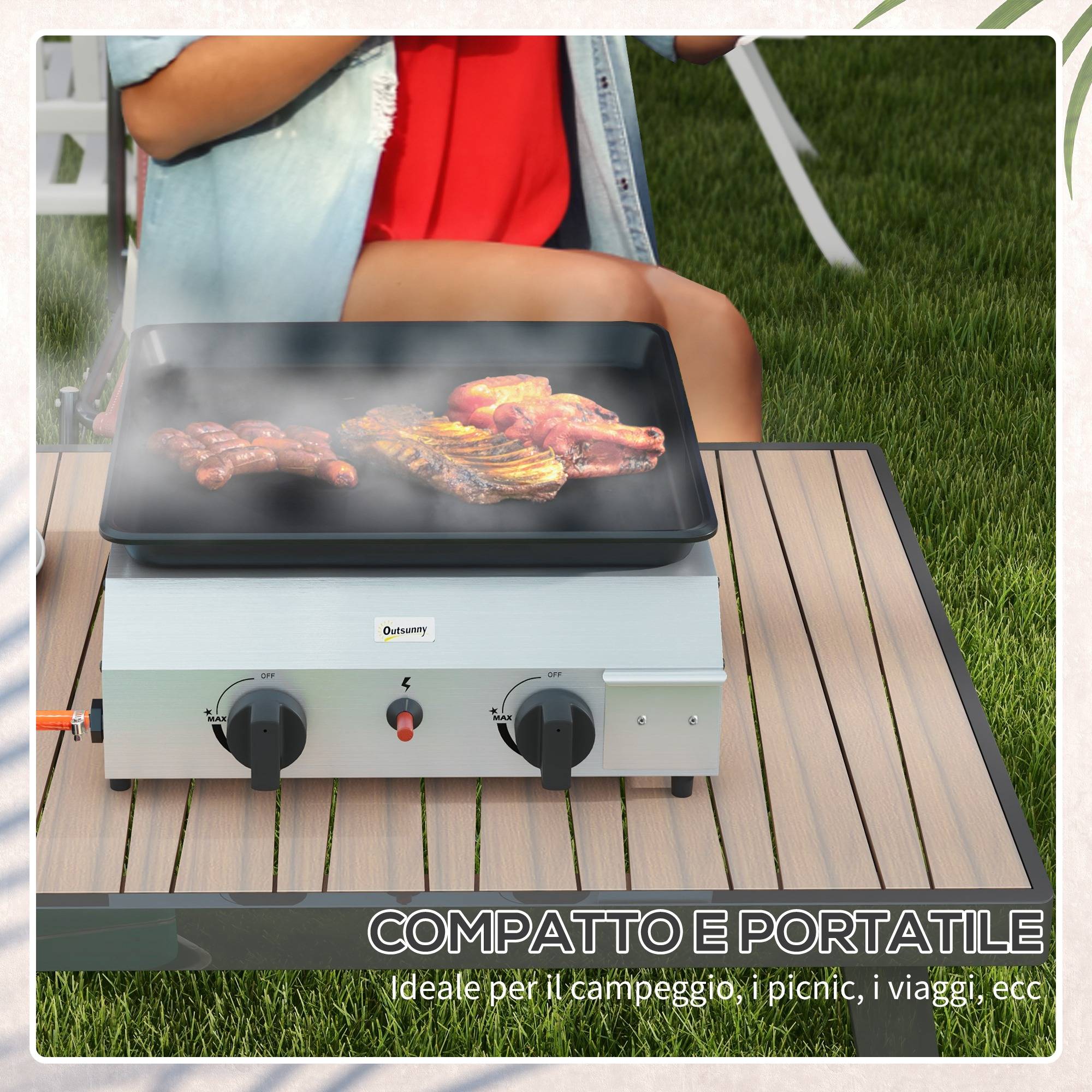 Plaque de cuisson à gaz pour barbecue, 2 brûleurs, revêtement antiadhésif, puissance 4,8 kW, argent - Image 8