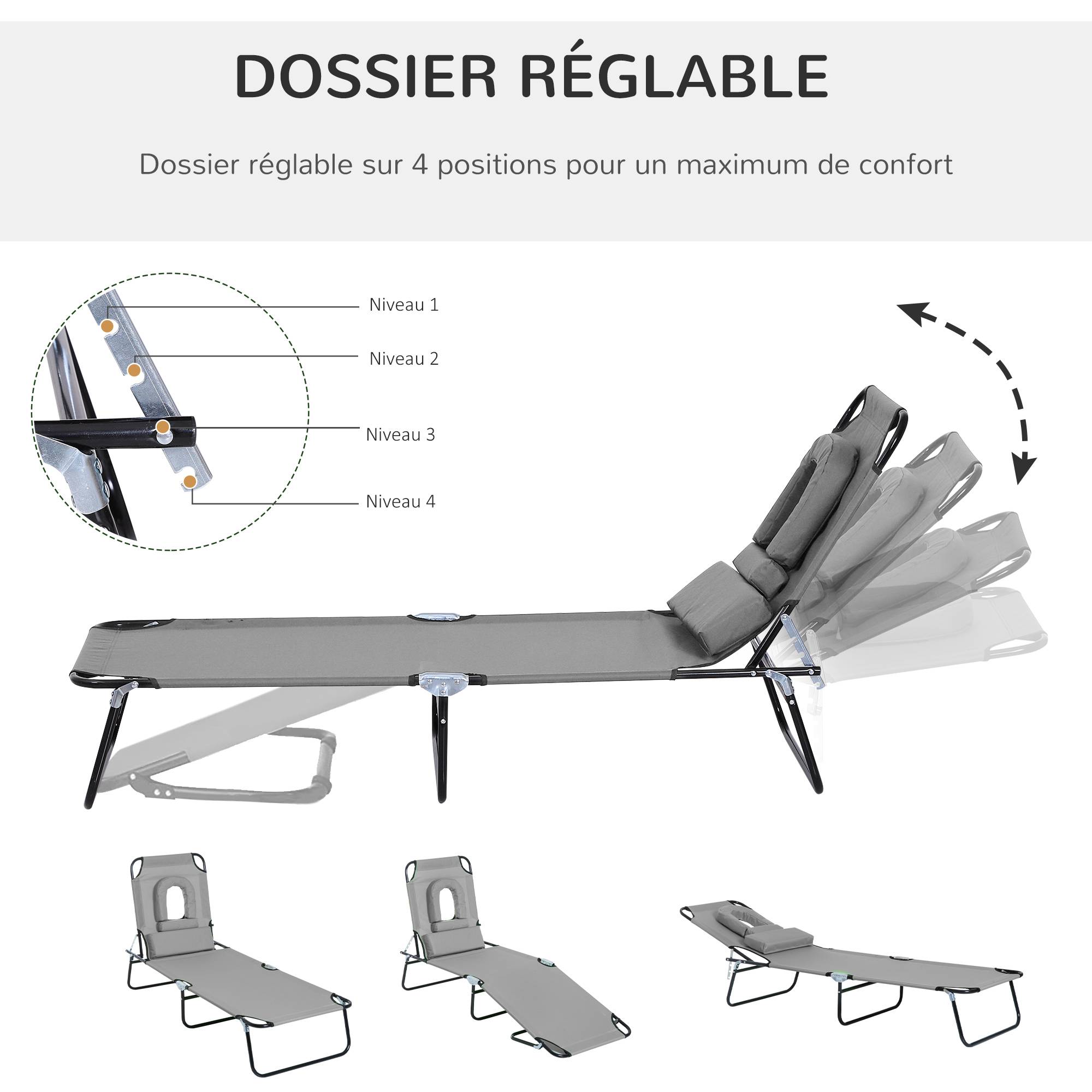 Bain de Soleil Pliable transat inclinable 4 Positions Chaise Longue 3 Coussins fournis Gris fr106 - Image 6