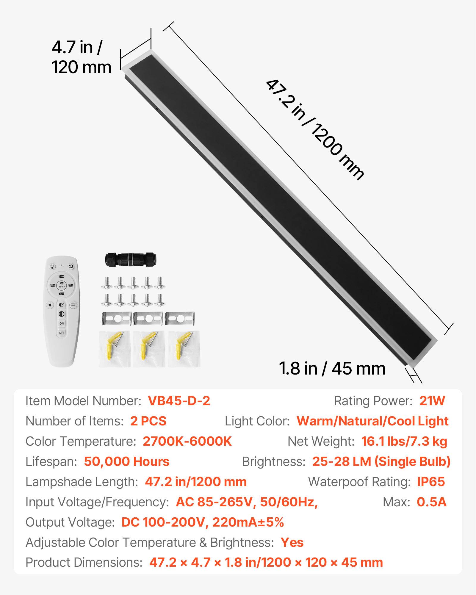 VEVOR Applique Murale Extérieur Éclairage LED 21 W Lot de 2 1,2 m 2700 K-6000 K - Image 7