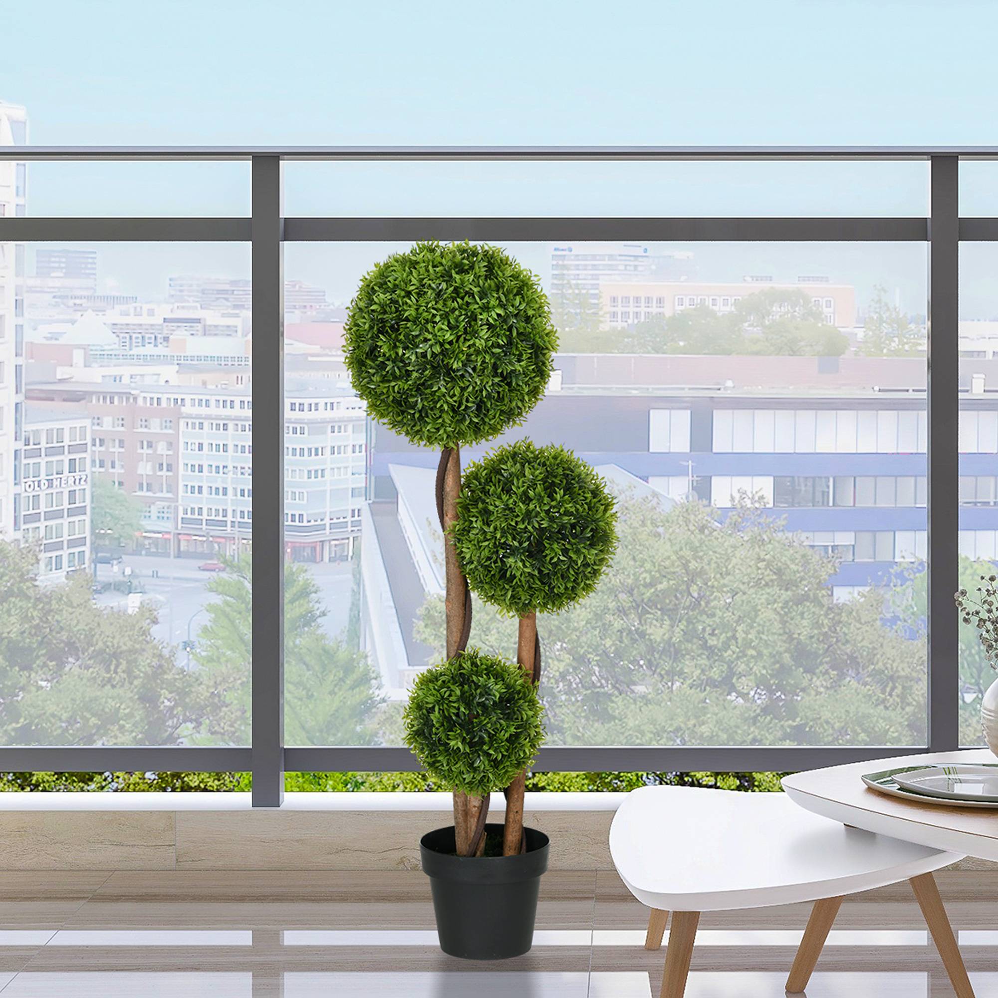 Arbre artificiel buis avec 3 boules feuilles de bambou pot inclus intérieur et extérieur hauteur 110 cm vert - Image 3