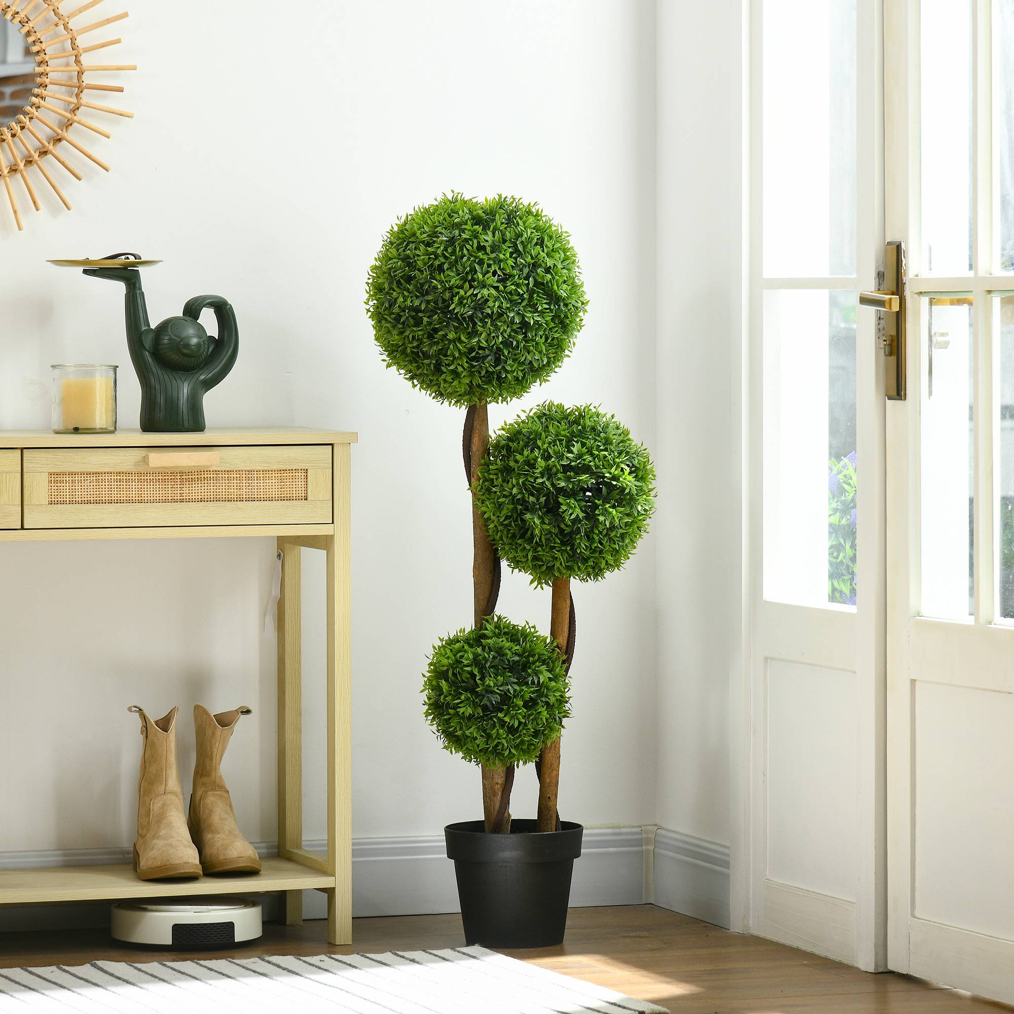 Arbre artificiel buis avec 3 boules feuilles de bambou pot inclus intérieur et extérieur hauteur 110 cm vert - Image 4