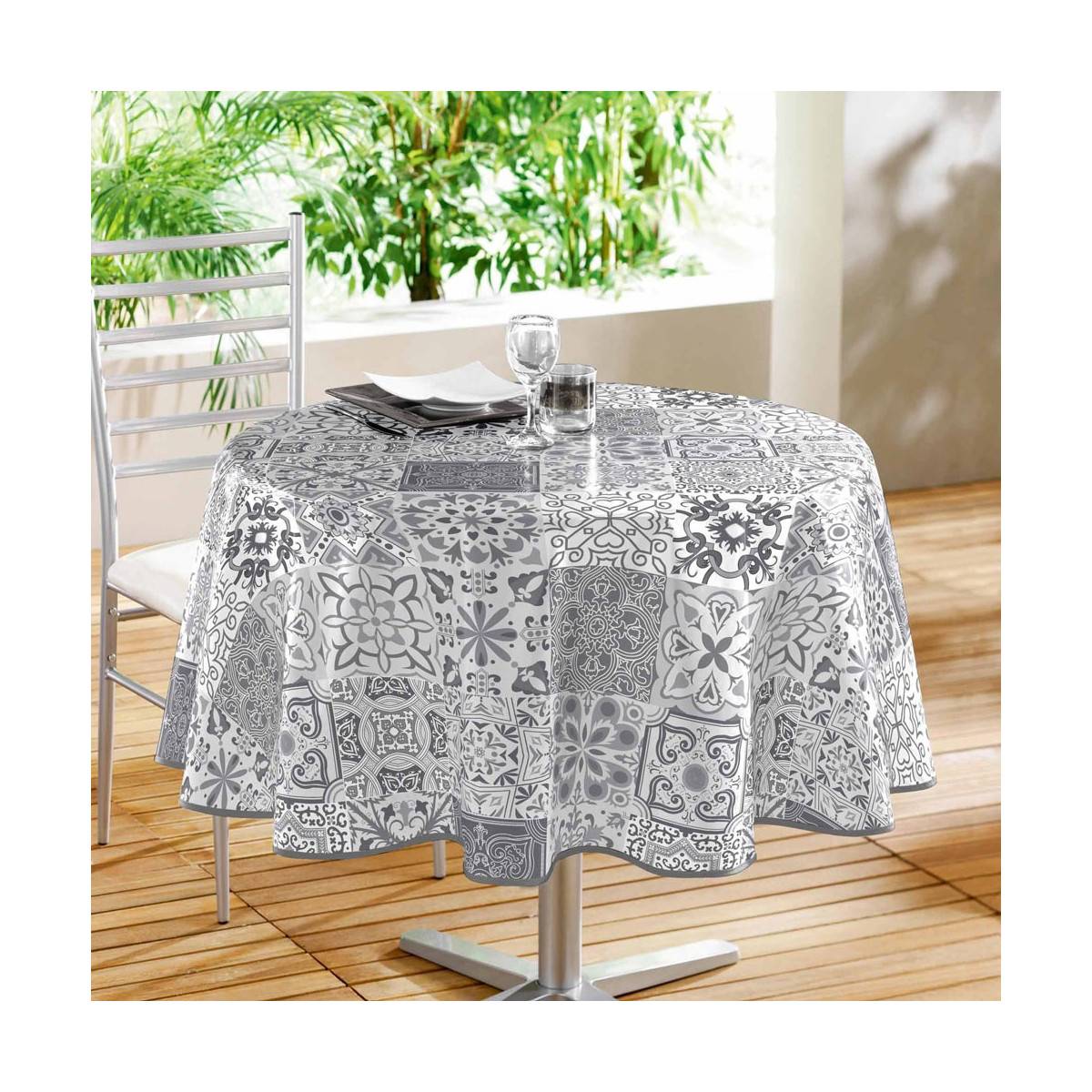 Nappe Ronde Toile Cirée "Persane" 160cm Gris - Image 1