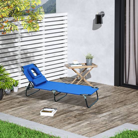 Transat Pliant Dossier 4 Positions avec Coussin, Structure Métal et Tissu Oxford, Camping/Plage/Terrasse, 190 x 56 x 28 cm, Bleu - Image 3