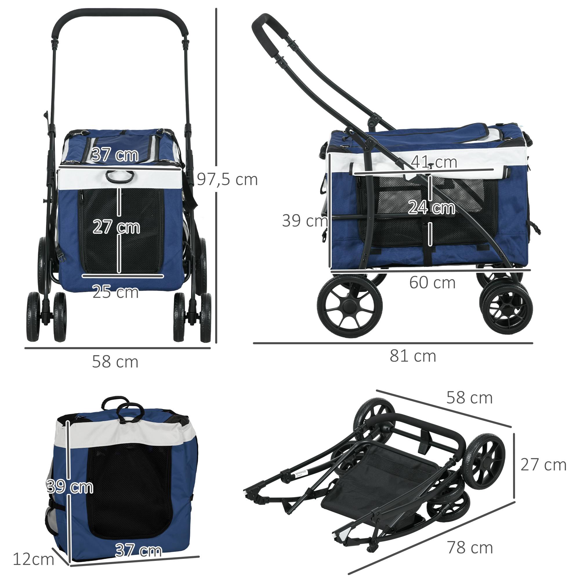 Poussette chien, pliable, panier amovible, 81 x 58 x 97,5 cm, noir + bleu + blanc - Image 5