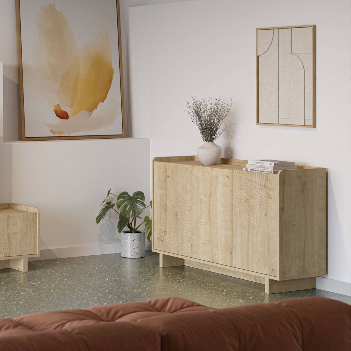 Buffet 3 portes 140cm en mélaminé imitation bois décor relief fraisé - RIAD - Image 8