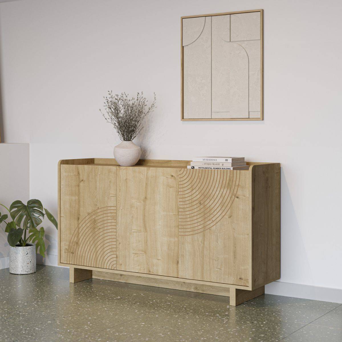 Buffet 3 portes 140cm en mélaminé imitation bois décor relief fraisé - RIAD - Image 2