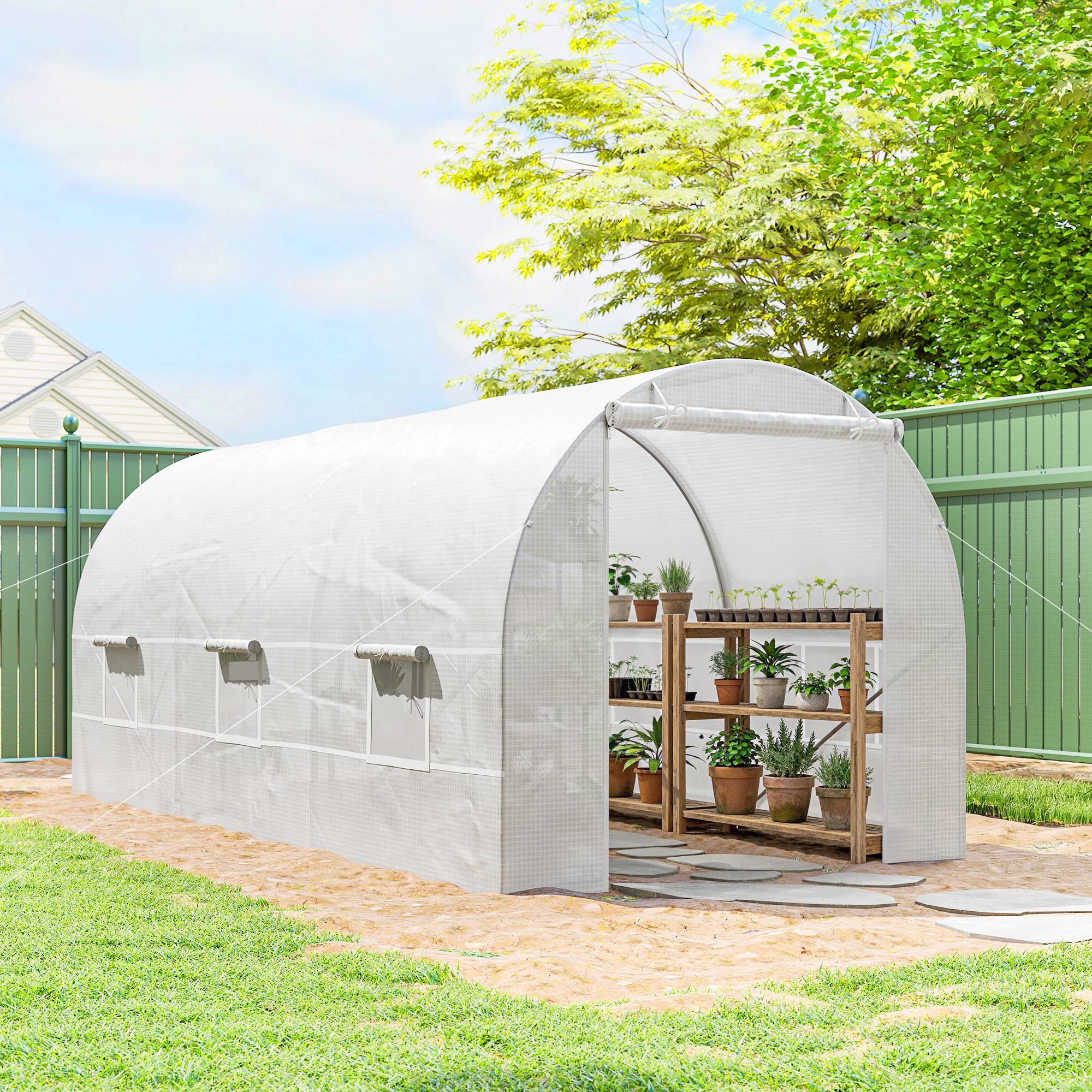 Serre tunnel de jardin 9m², serre de jardin tunnel avec porte et 6 fenêtres, bâche PE 140 g/m² 445 x 200 x 200 cm blanc - Image 4