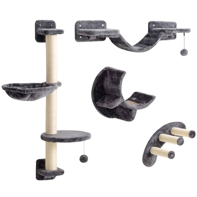 PANGIVO - Arbre à chat mural 4 pièces avec hamac et pont 30 x 30 x 96 cm polyester gris foncé - PANGIVO - Image 1