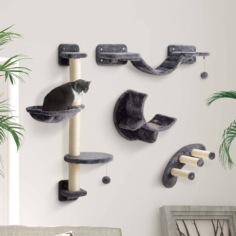 PANGIVO - Arbre à chat mural 4 pièces avec hamac et pont 30 x 30 x 96 cm polyester gris foncé - PANGIVO - Image 2