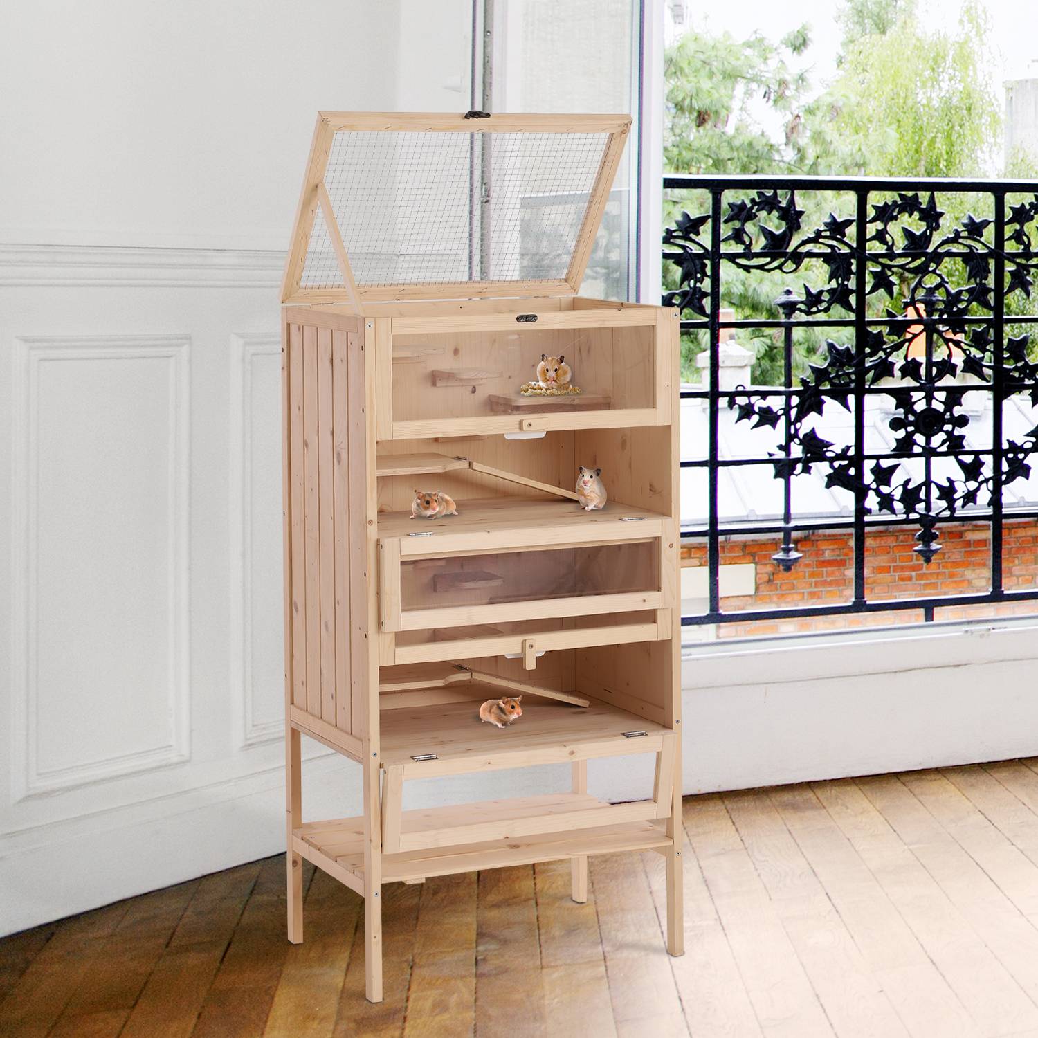 Sans Marque - Cage hamster bois massif toit ouvrant 4 étagères rampes reliées 60x40x120 cm - Image 3