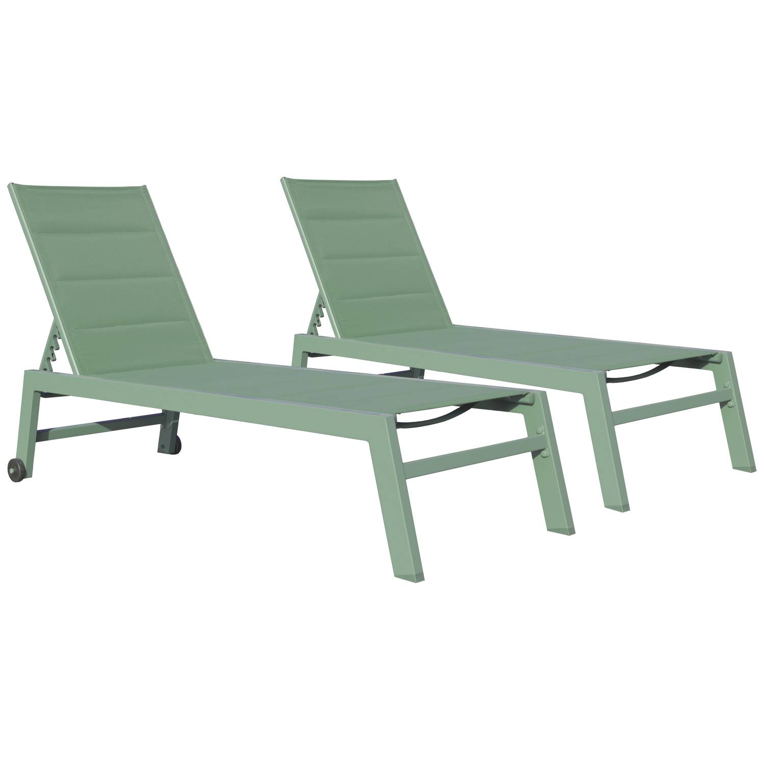 Lot de 2 bains de soleil BARBADOS en textilène vert sauge - aluminium vert sauge - HAPPY GARDEN - Image 1