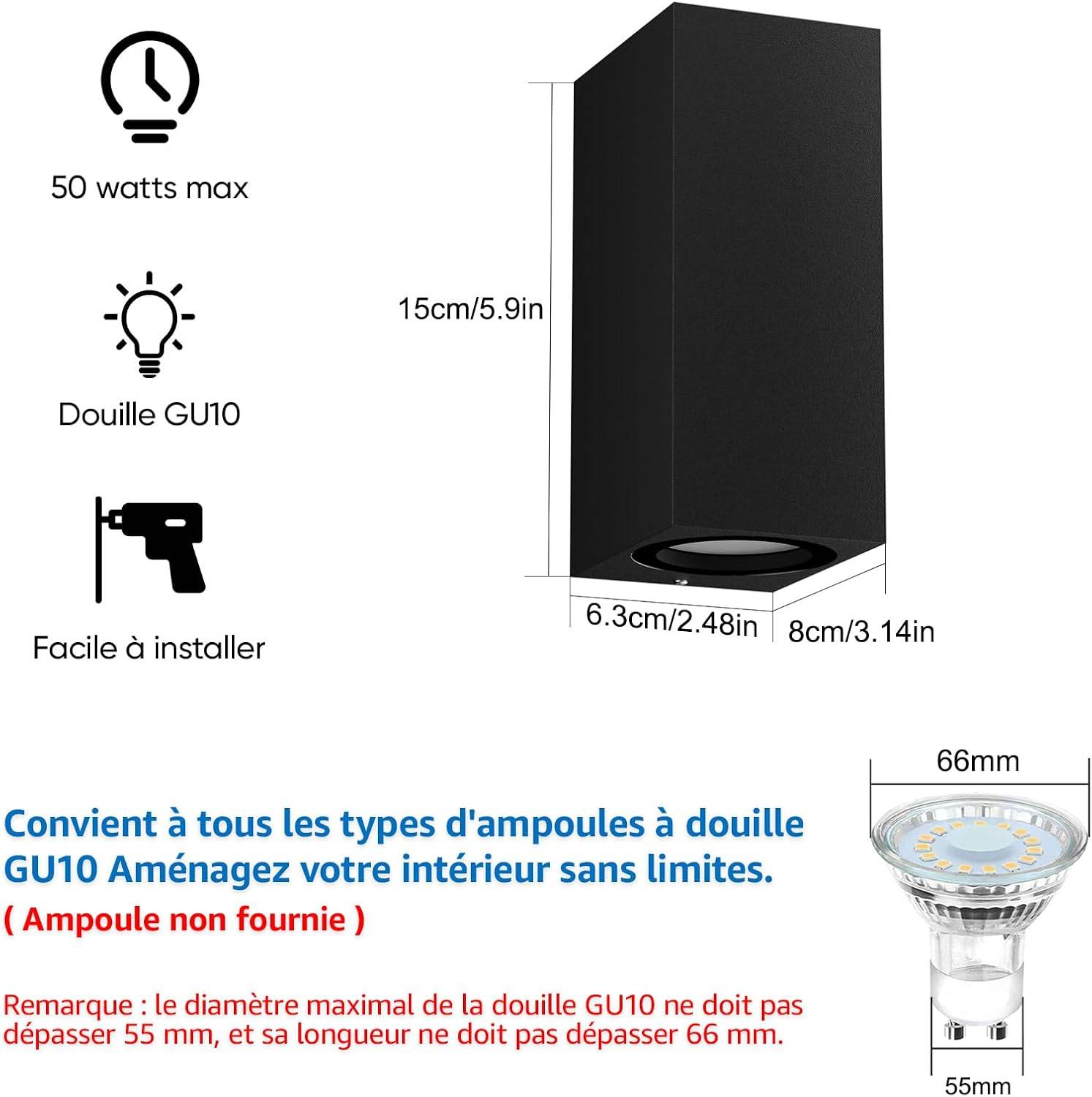 8 in 1 - Lot de 2 Applique Murale Noir Extérieur Intérieur IP65 Up Down Aluminium GU10 pour Entrée Couloir Escaliers Ampoule non Incluse - Image 5