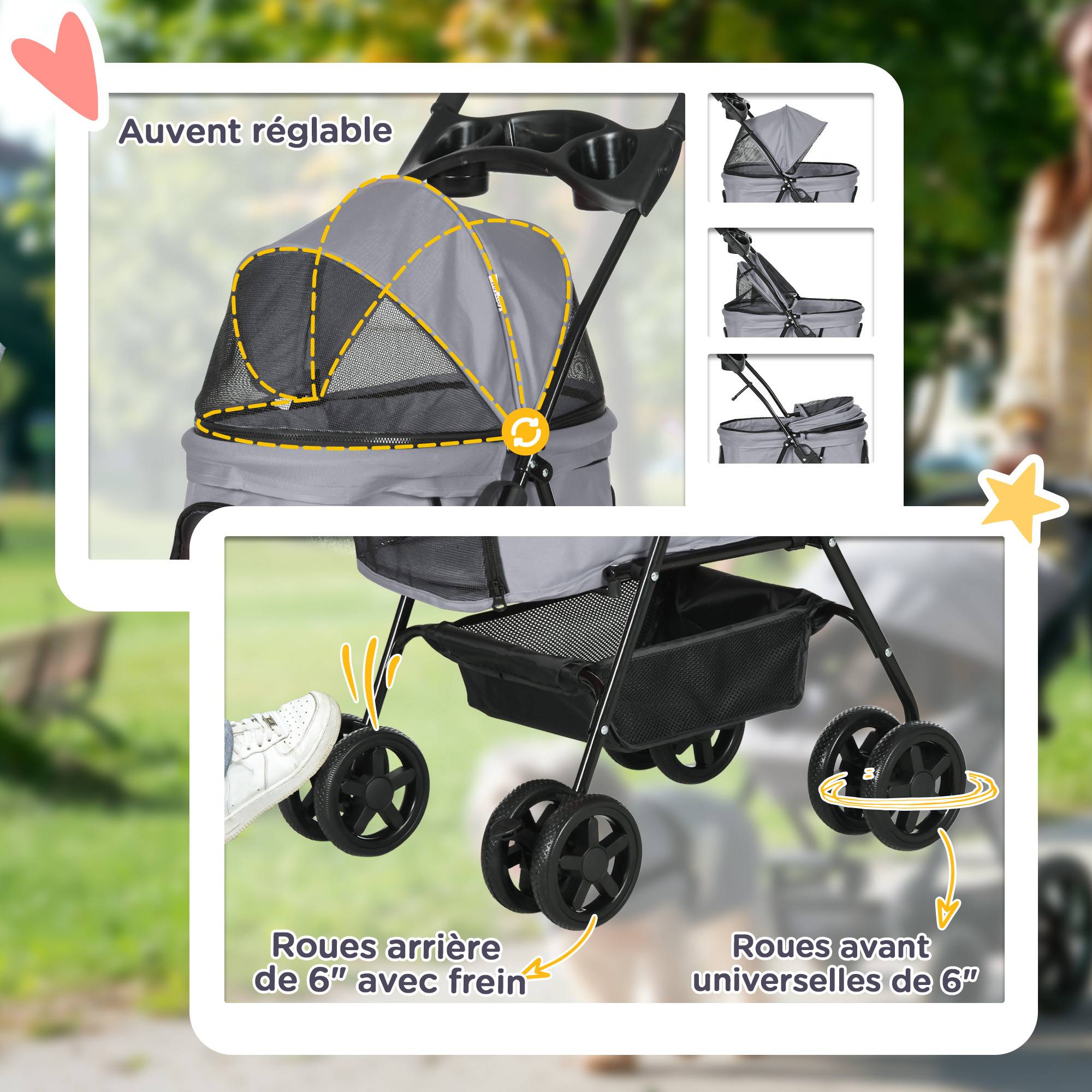 Poussette pour chien et chat pliable, 4 roues avec freins, tissu Oxford 300D imperméable, panier de rangement, gris - Image 8
