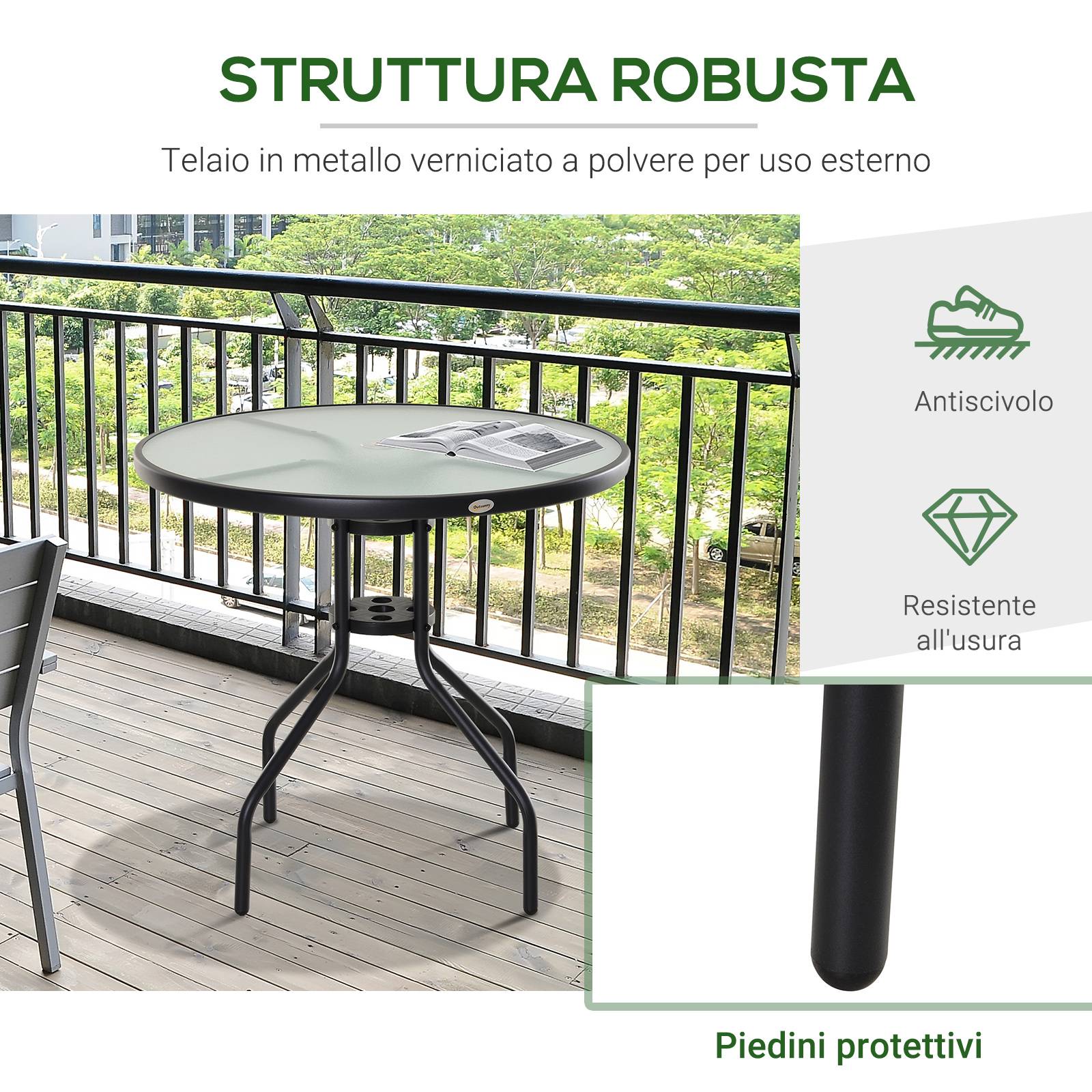 ComfortXL - Table de Jardin Acier Verre Trempé Balcon Trou Parasol Ø80x72cm Noir - ComfortXL Outdoor Living - Image 8