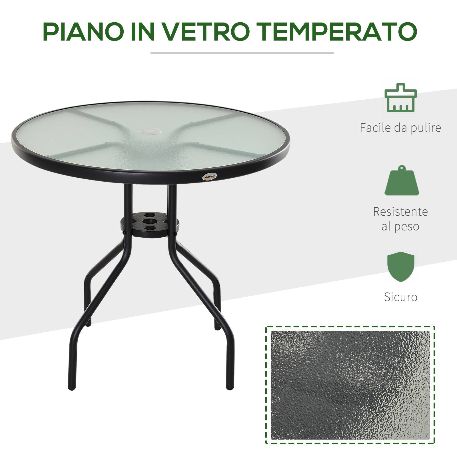ComfortXL - Table de Jardin Acier Verre Trempé Balcon Trou Parasol Ø80x72cm Noir - ComfortXL Outdoor Living - Image 7