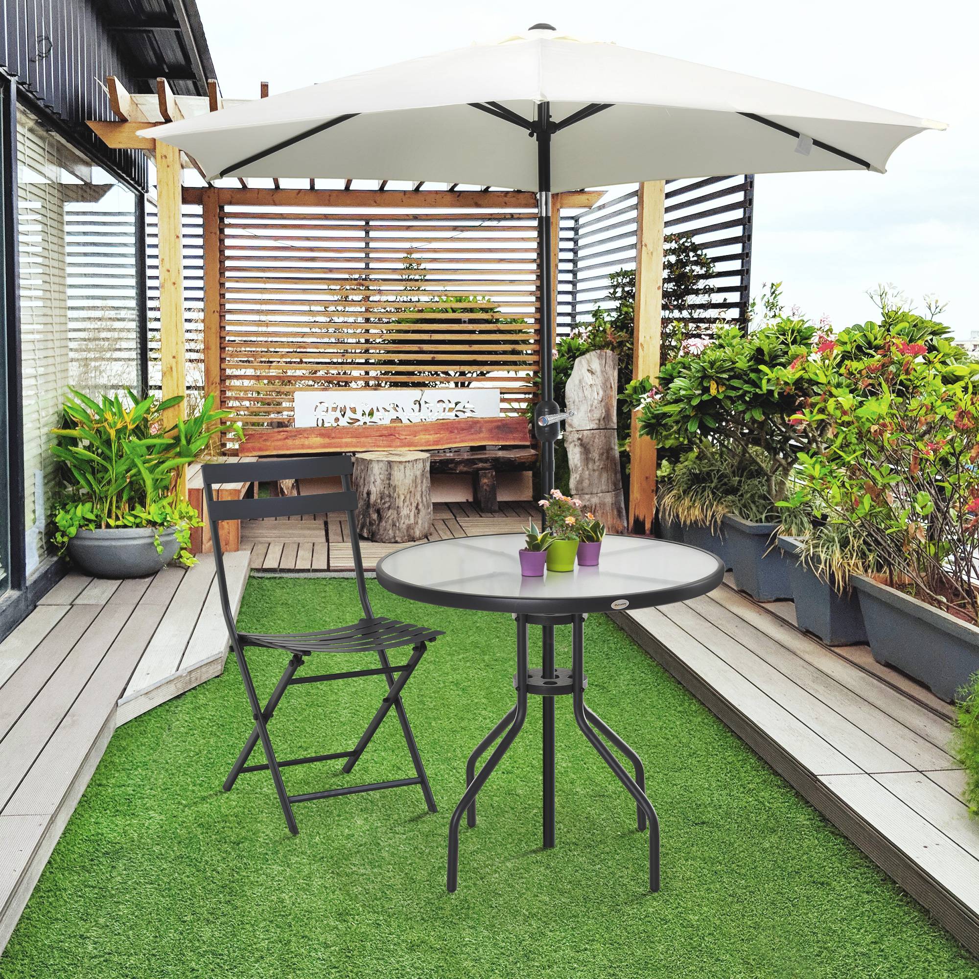 ComfortXL - Table de Jardin Acier Verre Trempé Balcon Trou Parasol Ø80x72cm Noir - ComfortXL Outdoor Living - Image 4