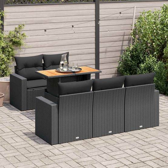 Salon de jardin 6 places avec accoudoirs en résine tressée et bois table relevable Noir – ComfortXL Outdoor Living - Image 1