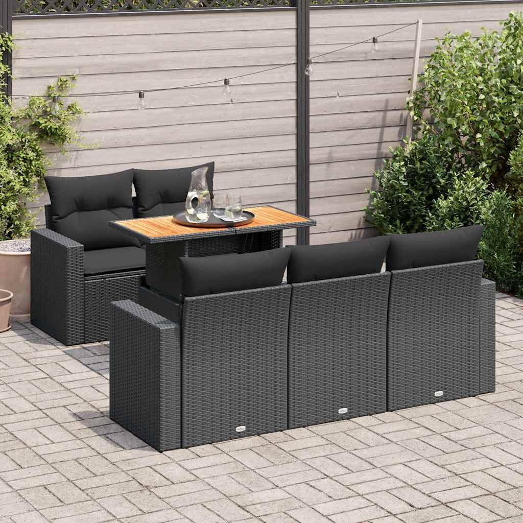 Salon de jardin 6 places avec accoudoirs en résine tressée et bois table relevable Noir – ComfortXL Outdoor Living - Image 1