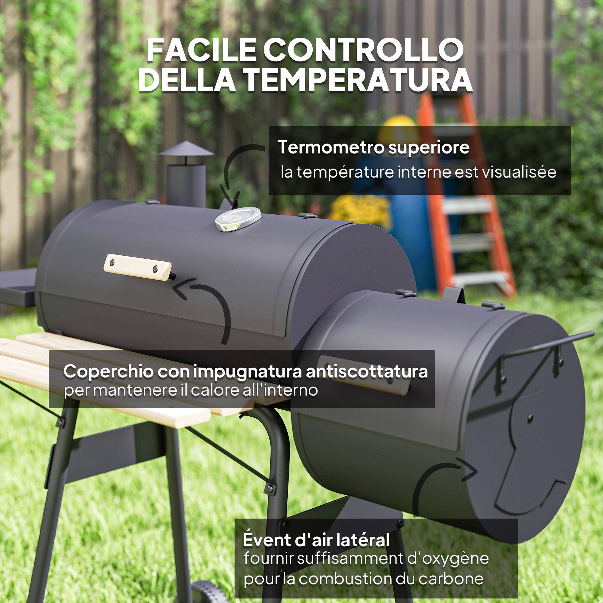 Barbecue à charbon avec couvercle et fumoir, barbecue de jardin avec étagères et roulettes, 124 x 53 x 104 cm, noir - Image 8
