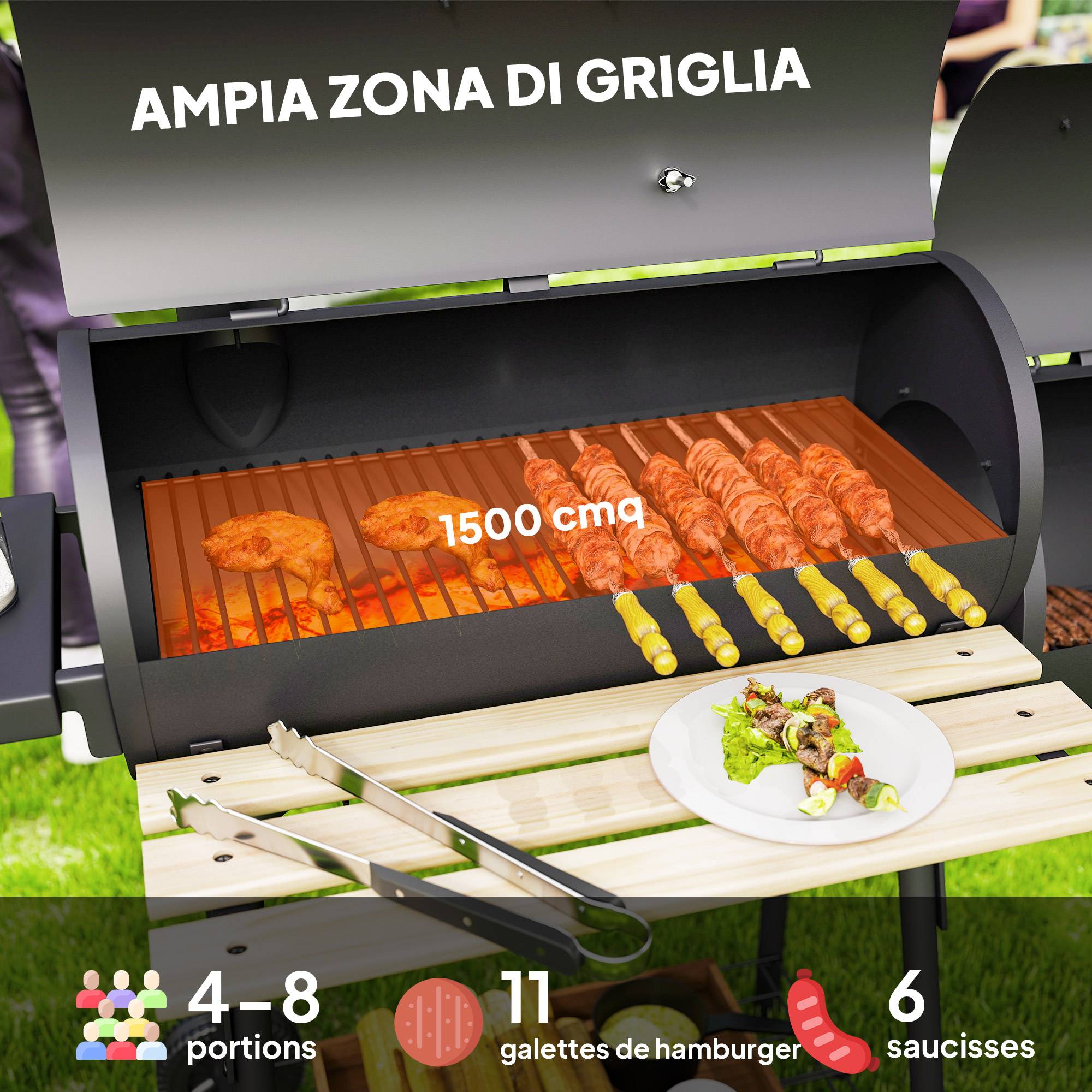 Barbecue à charbon avec couvercle et fumoir, barbecue de jardin avec étagères et roulettes, 124 x 53 x 104 cm, noir - Image 7