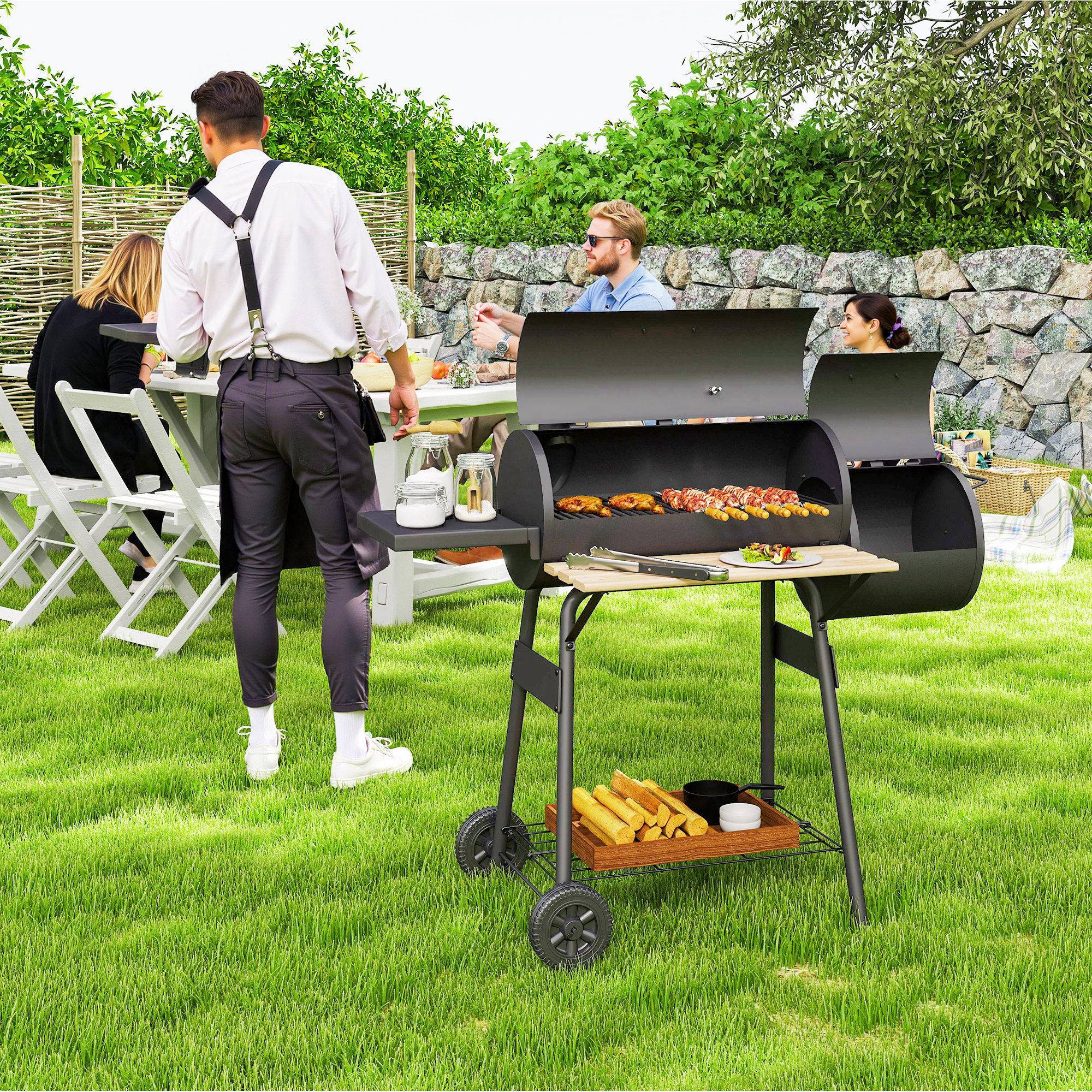 Barbecue à charbon avec couvercle et fumoir, barbecue de jardin avec étagères et roulettes, 124 x 53 x 104 cm, noir - Image 4