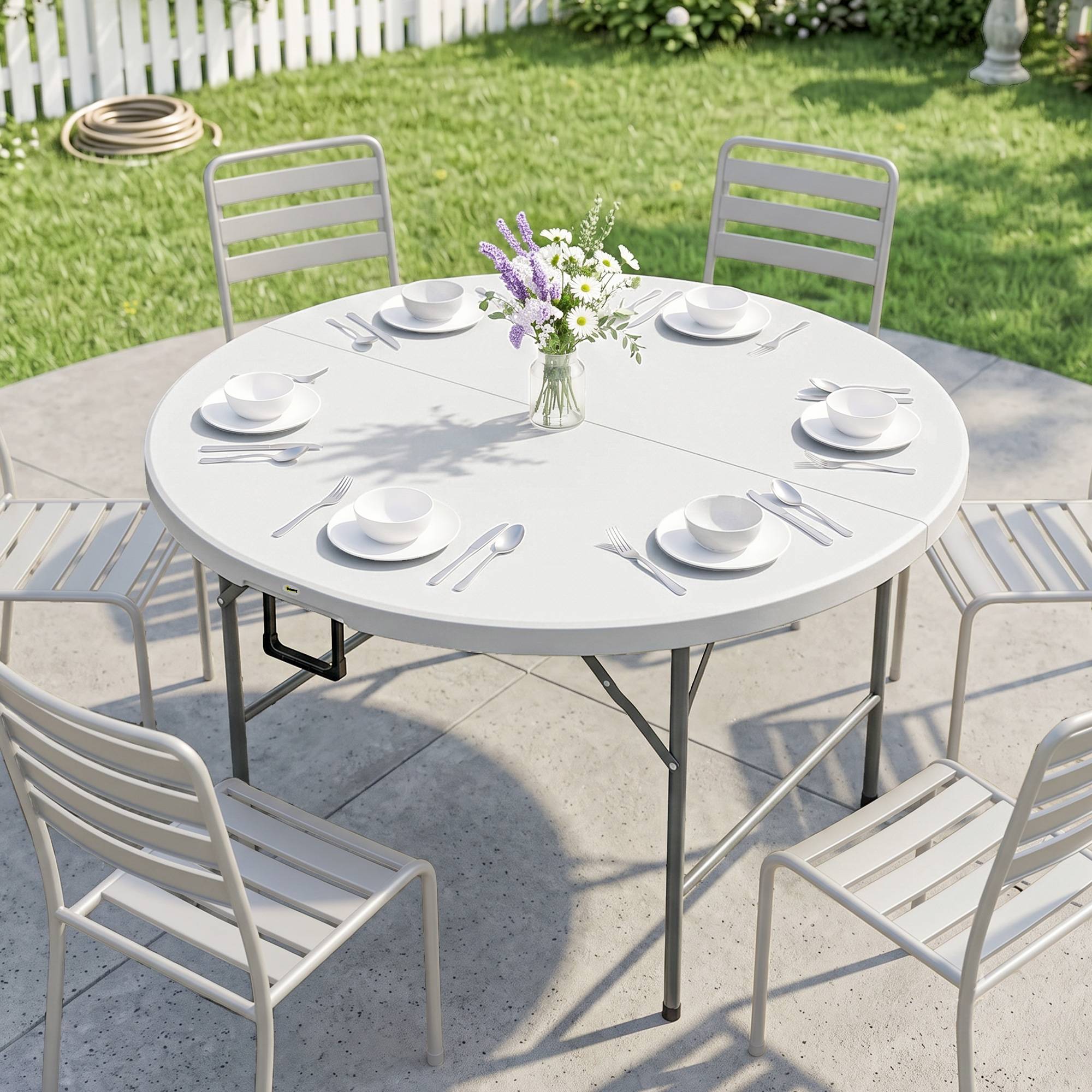Table ronde de jardin pliante Ø122 cm peut accueillir 6 personnes pour évènement, structure métal, plateau HDPE - Image 3