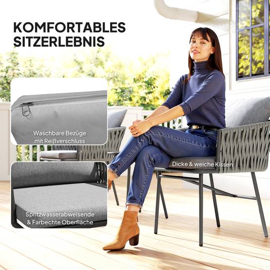 Mobilier de jardin extérieur 3 pièces : 2 fauteuils + table, rotin synthétique, cadre acier, 4 coussins, gris - Image 5