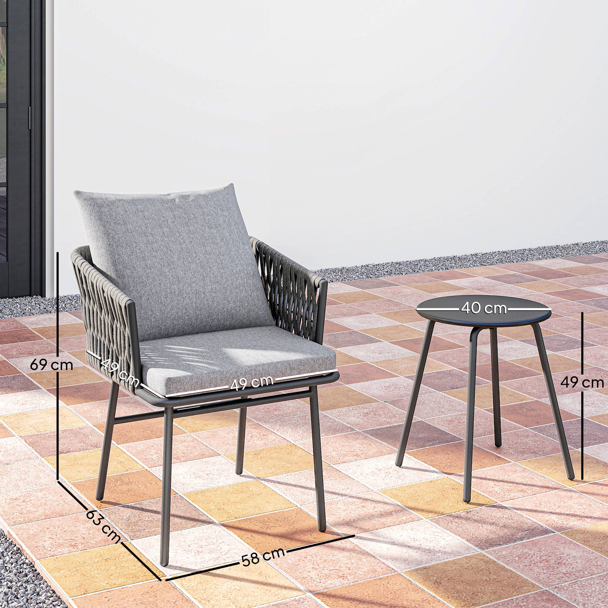 Mobilier de jardin extérieur 3 pièces : 2 fauteuils + table, rotin synthétique, cadre acier, 4 coussins, gris - Image 3