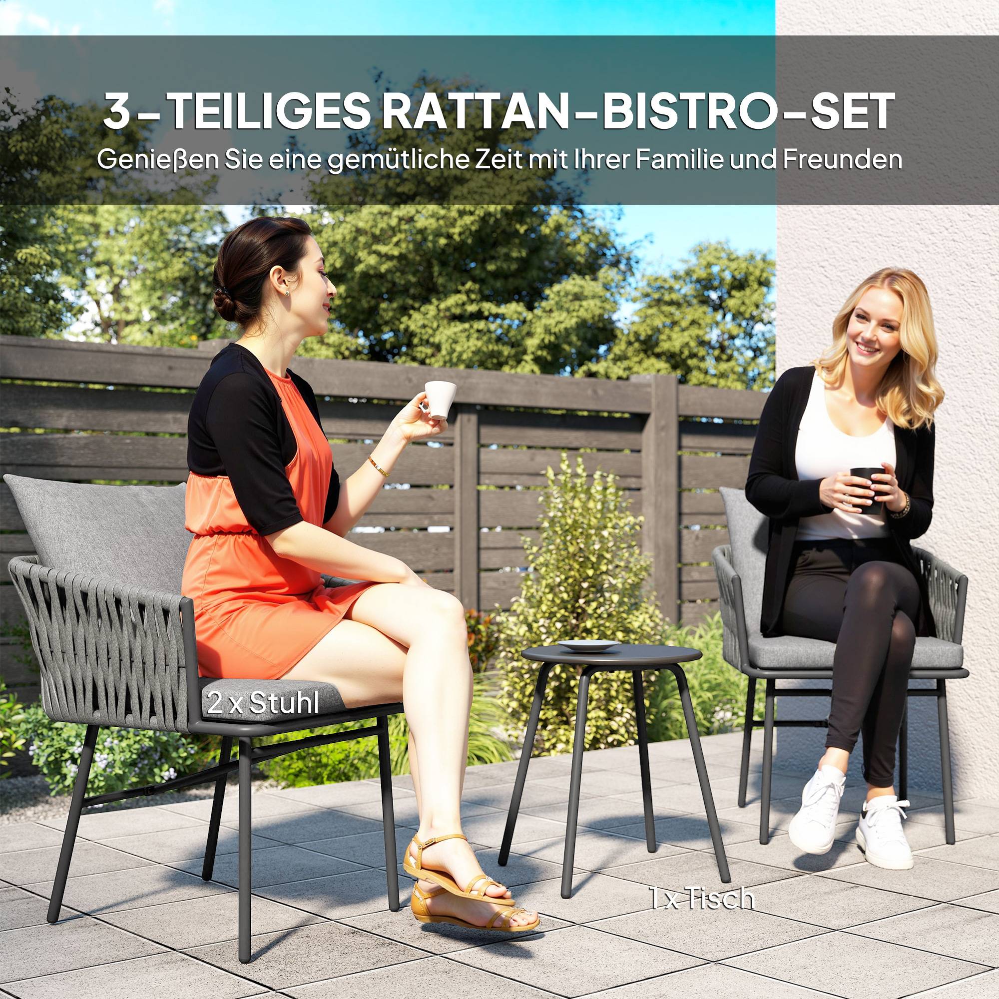 Mobilier de jardin extérieur 3 pièces : 2 fauteuils + table, rotin synthétique, cadre acier, 4 coussins, gris - Image 4