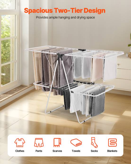 VEVOR Étendoir à Linge Pliable 2 Niveaux avec Pinces à Chaussettes 31 Tiges - Image 2