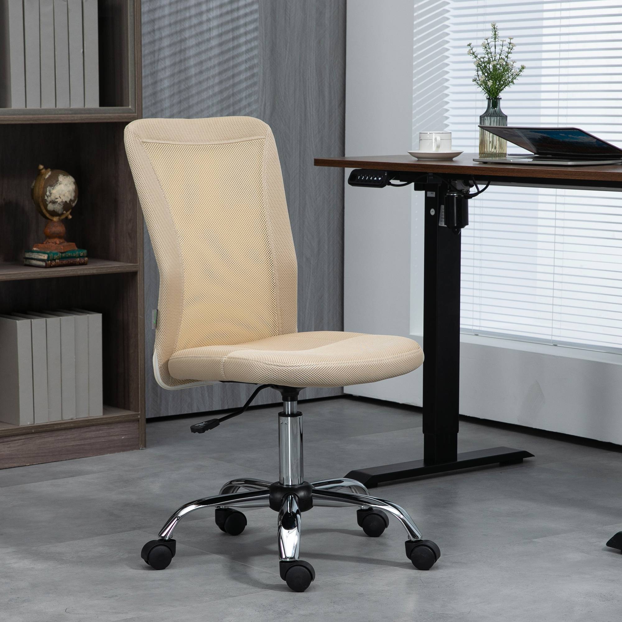 Sans Marque - Chaise de bureau ergonomique hauteur réglable piètement chromé pivotant 360° revêtement maille beige - Image 3