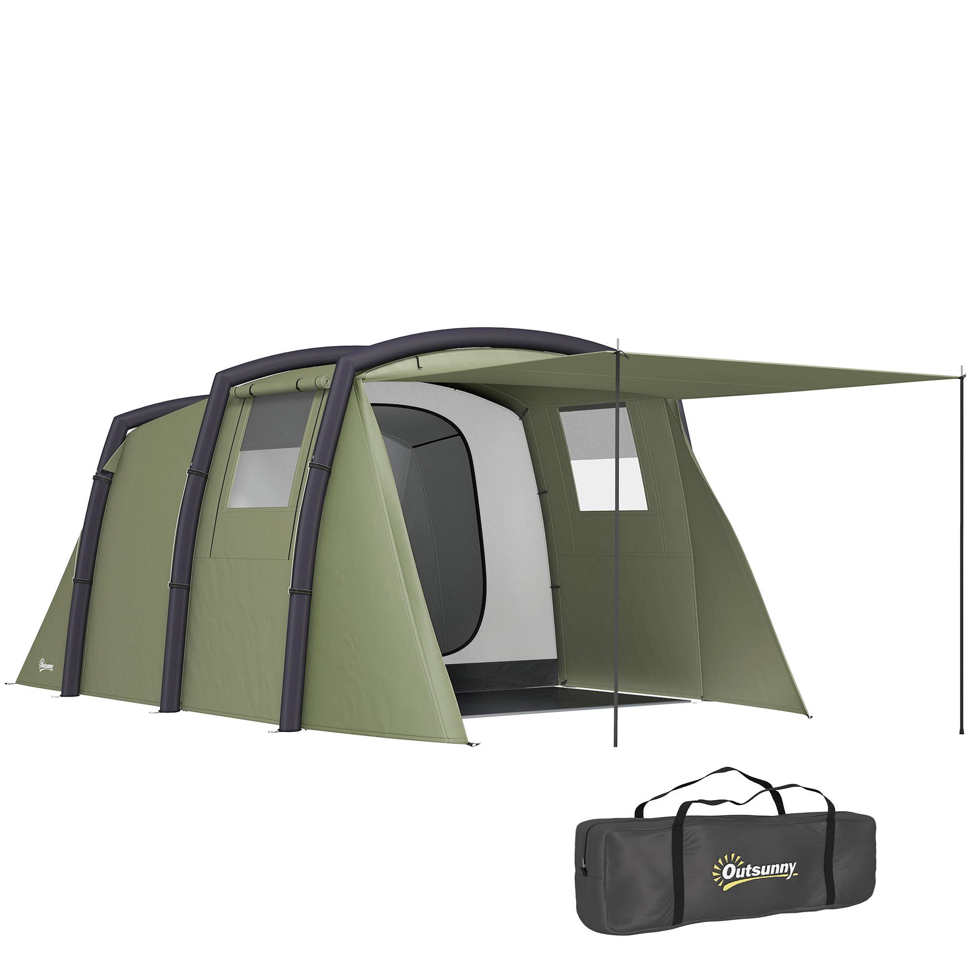 Tente tunnel gonflable pour 3 à 6 personnes avec vestibule, fenêtres en filet et sac de transport étanche, vert olive