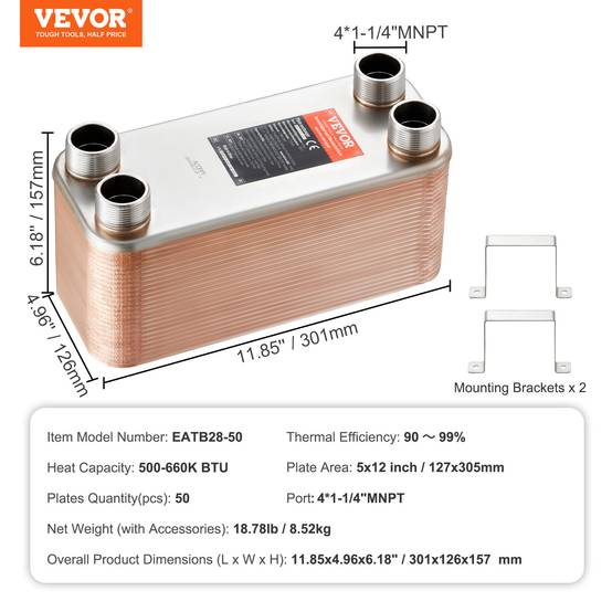 VEVOR Échangeur chaleur plaques brasées, 50 plaques. Cuivre/inox 316L. - Image 7