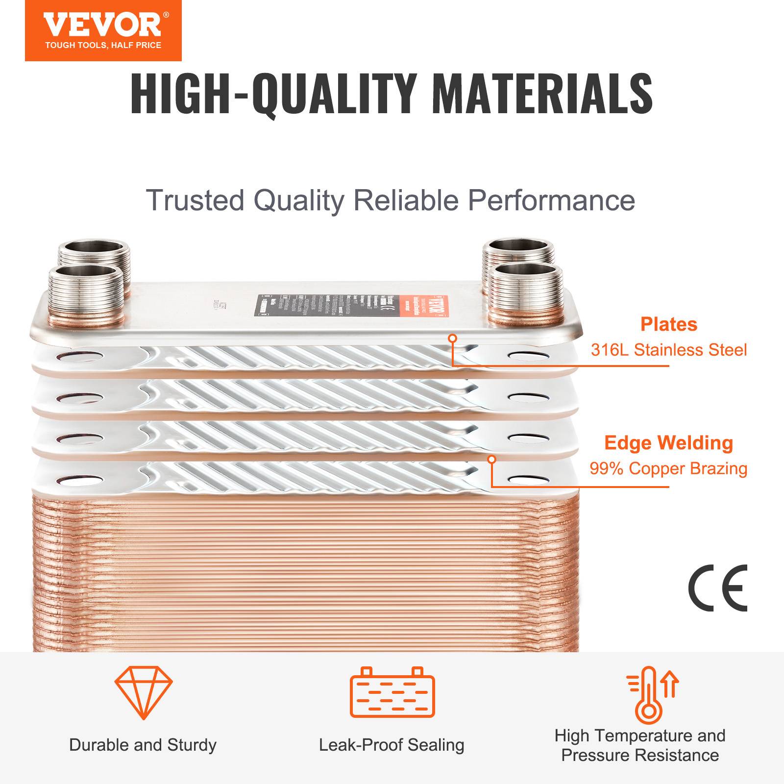 VEVOR Échangeur chaleur plaques brasées, 50 plaques. Cuivre/inox 316L. - Image 2