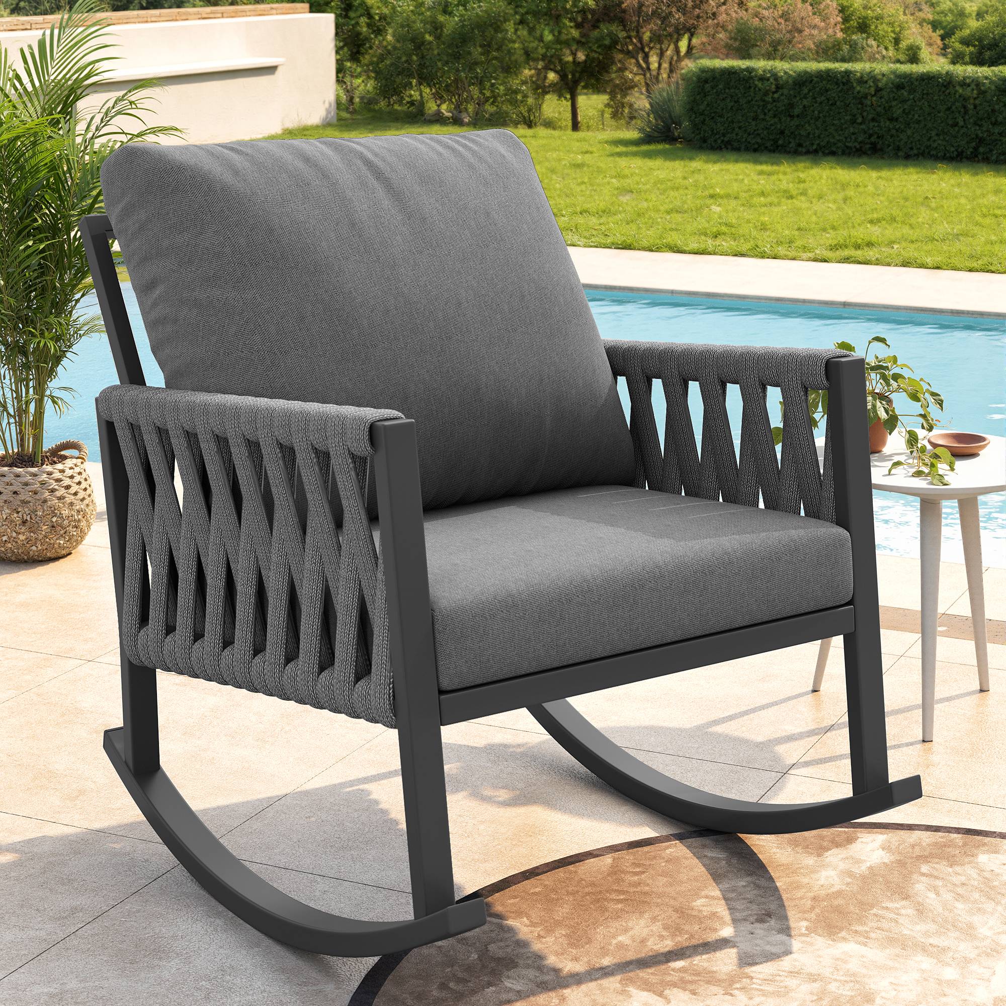 Fauteuil à bascule métal corde tressée jardin terrasse coussins déperlants 65x79x78cm gris - ComfortXL Outdoor Living - Image 1