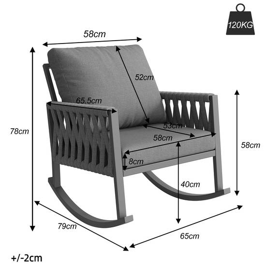 Fauteuil à bascule métal corde tressée jardin terrasse coussins déperlants 65x79x78cm gris - ComfortXL Outdoor Living - Image 3