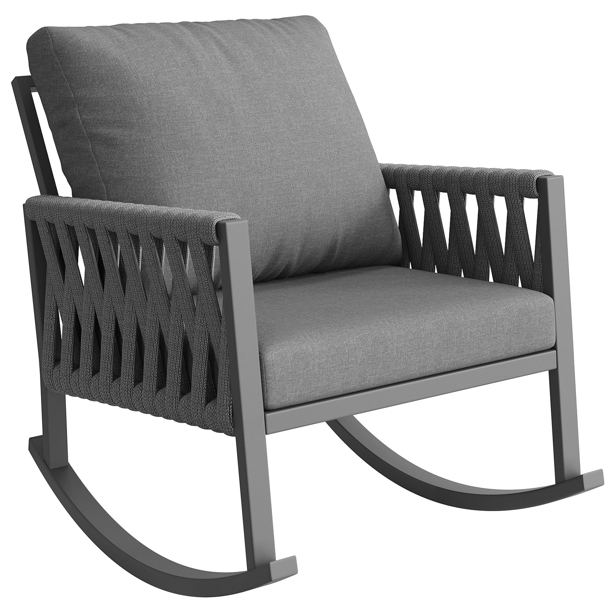 Fauteuil à bascule métal corde tressée jardin terrasse coussins déperlants 65x79x78cm gris - ComfortXL Outdoor Living - Image 2