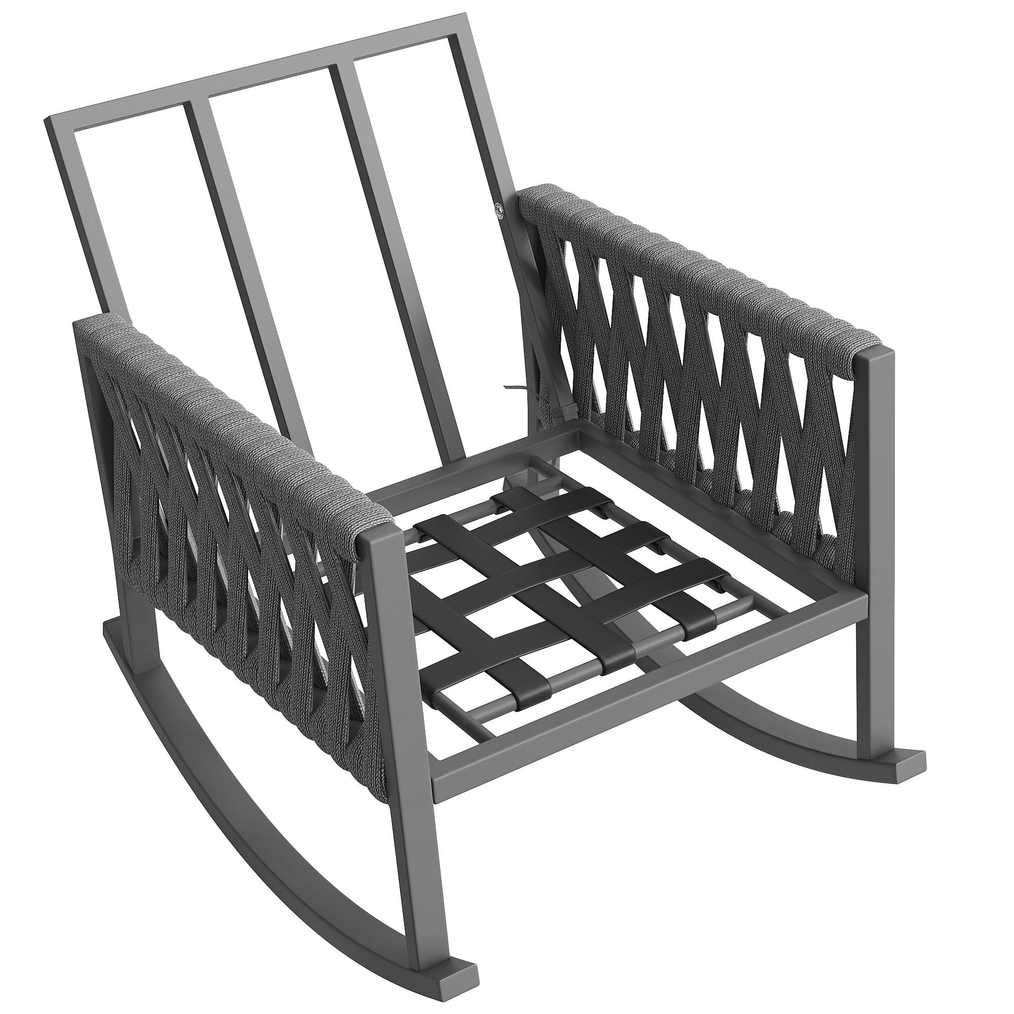 Fauteuil à bascule métal corde tressée jardin terrasse coussins déperlants 65x79x78cm gris - ComfortXL Outdoor Living - Image 8
