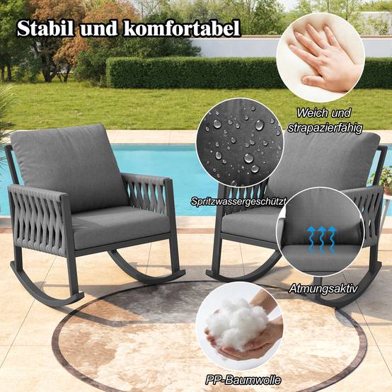 Fauteuil à bascule métal corde tressée jardin terrasse coussins déperlants 65x79x78cm gris - ComfortXL Outdoor Living - Image 4