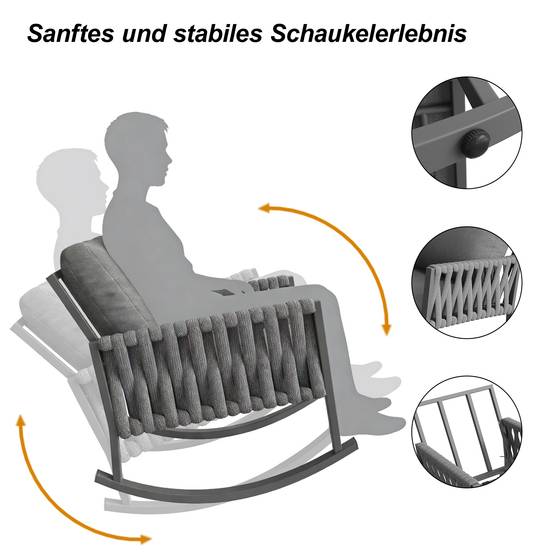 Fauteuil à bascule métal corde tressée jardin terrasse coussins déperlants 65x79x78cm gris - ComfortXL Outdoor Living - Image 5